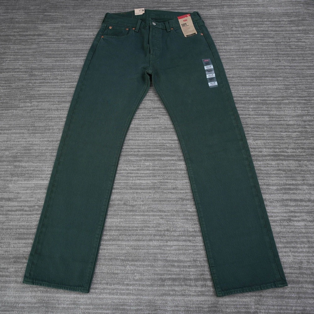Levis 501 Jeans Men Dark Green Stretch Straight Button New 31x32 (Fit 32x32)
